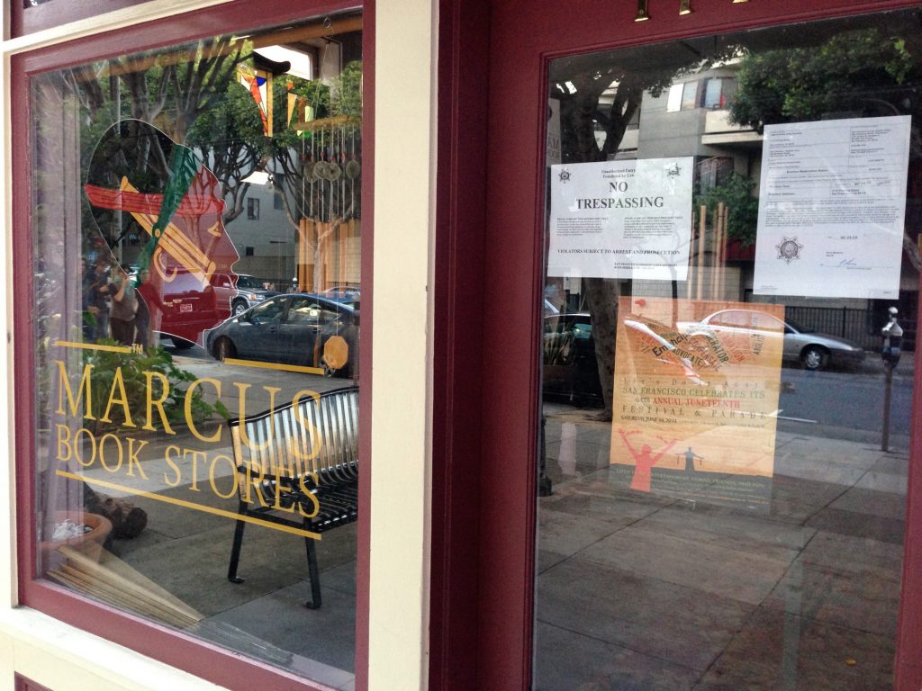 Eviction notice on the locked door of Marcus Books at 1712 Fillmore Street.