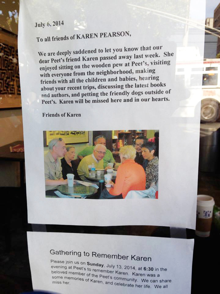 Karen Pearson (second from left in photo) is remembered in a posting at Peet’s.