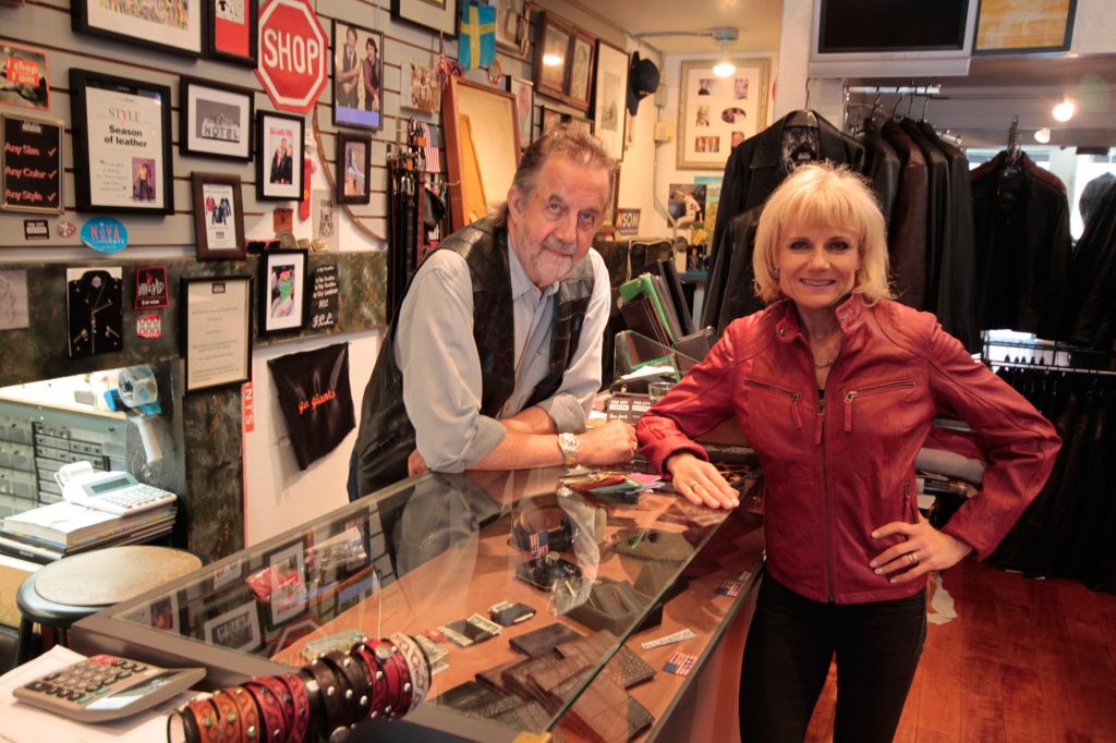 Peter James and Susanne Rundberg inside Fog City Leather.