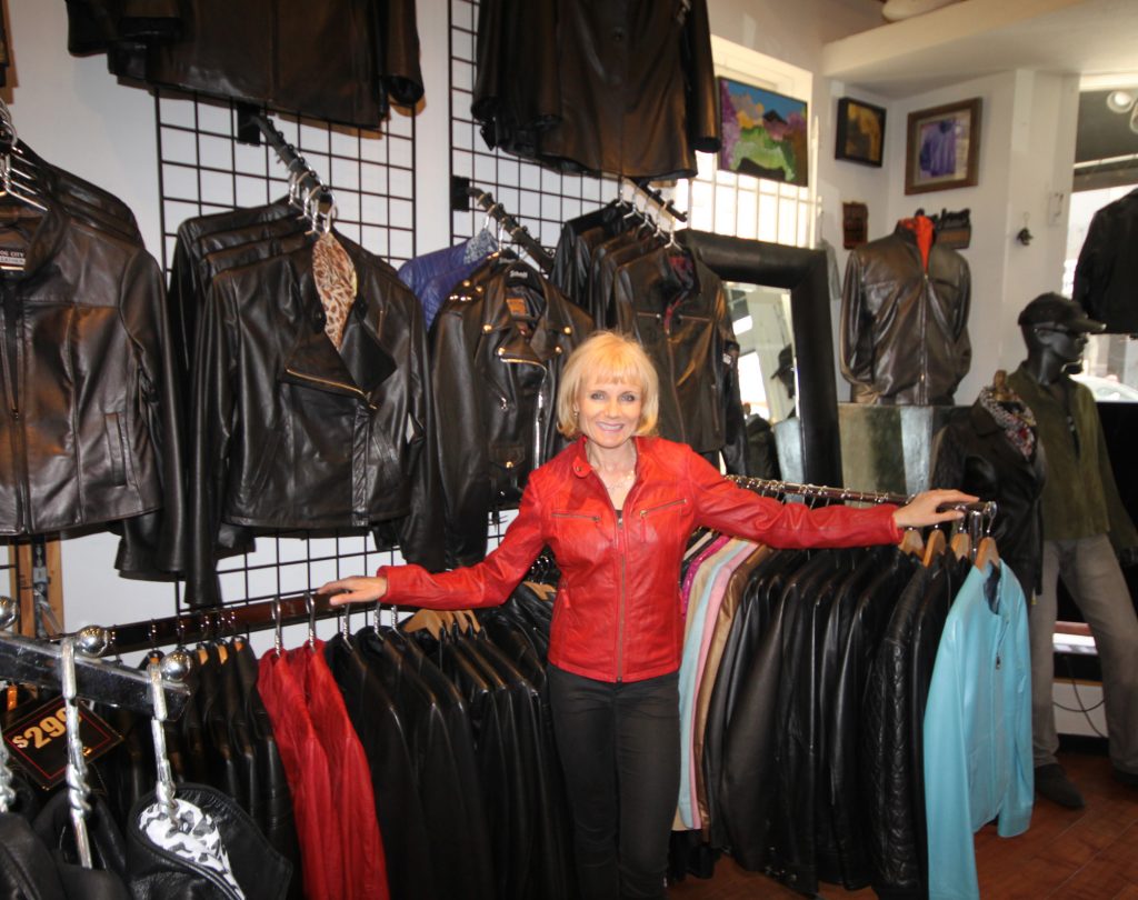 Susanne Rundberg shows off Fog City Leather's selection of custom jackets.