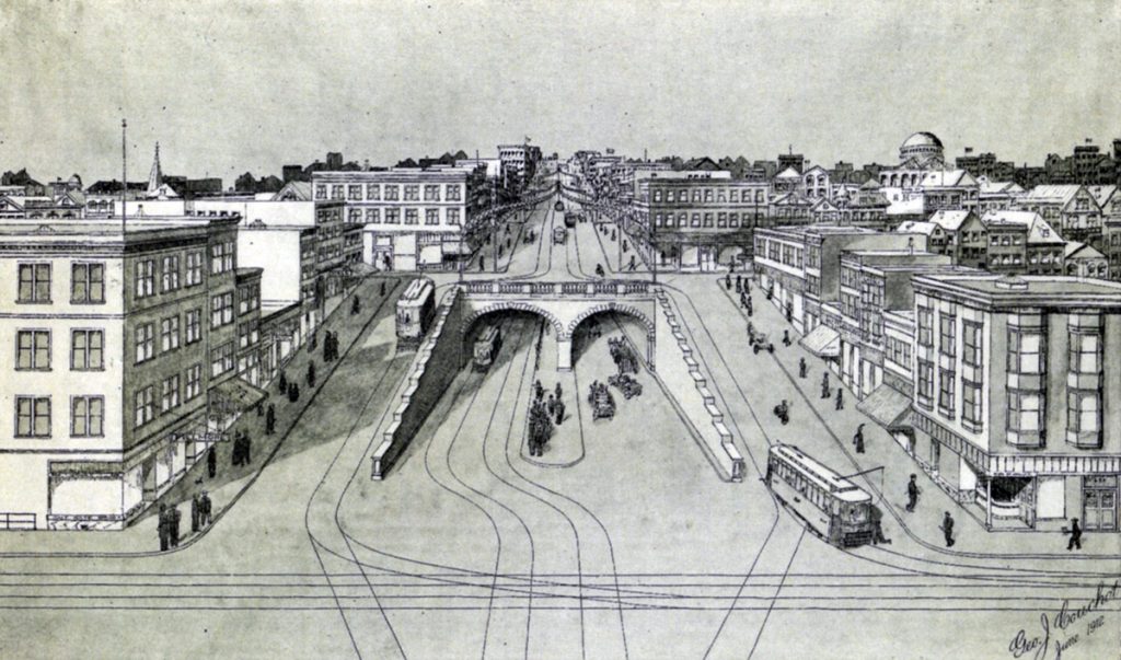 A drawing of the south portal to the Fillmore Street Tunnel at Fillmore and Sutter Streets.