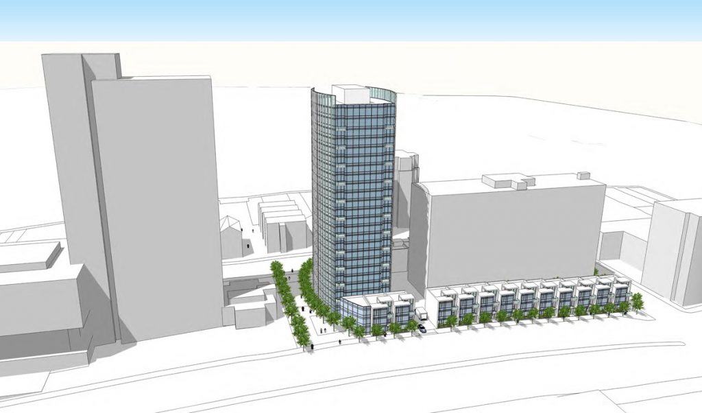 An alternative plan proposed by neighbors would reduce the height of the tower and add townhouses.