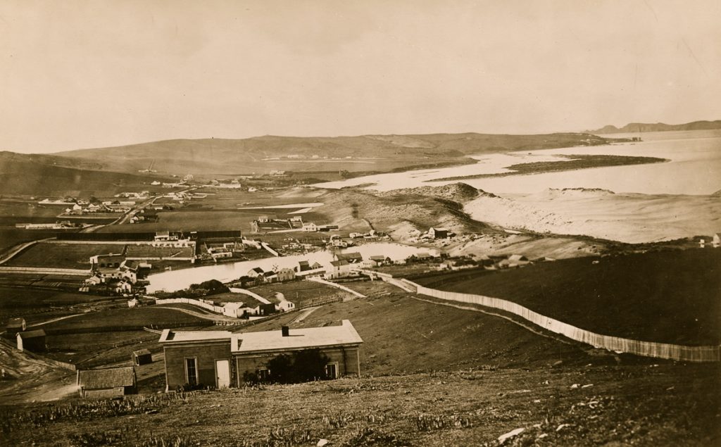 A view from Russian Hill to the Presidio in 1856, the year the Pixleys moved to the area.