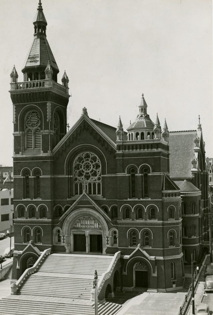 The Gothic Revival red brick second St. Mary’s Cathedral at Van Ness and O’Farrell burned in 1962.