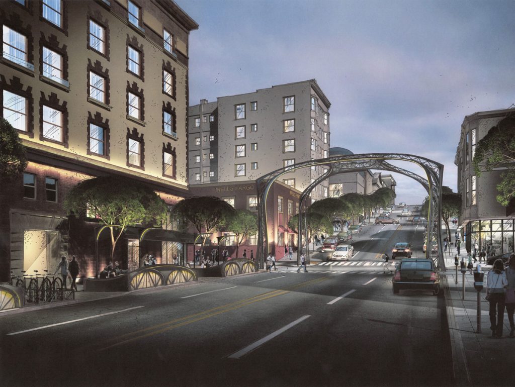 A new public space at Fillmore and California could eventually include a restored arch.
