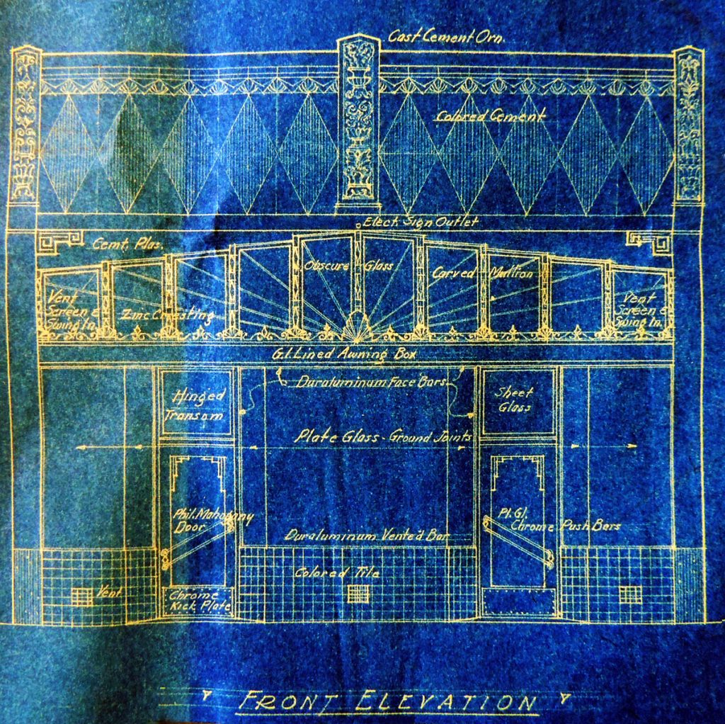 The original blueprints from 1932 show the elaborate Art Deco detailing of the facade.