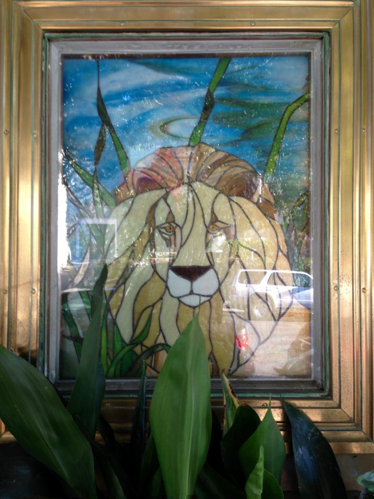 A stained glass window at the Lion Pub at 2062 Divisadero.