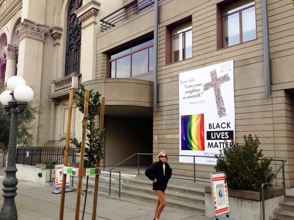 A new banner at Calvary Presbyterian Church includes new protests and eternal verities.