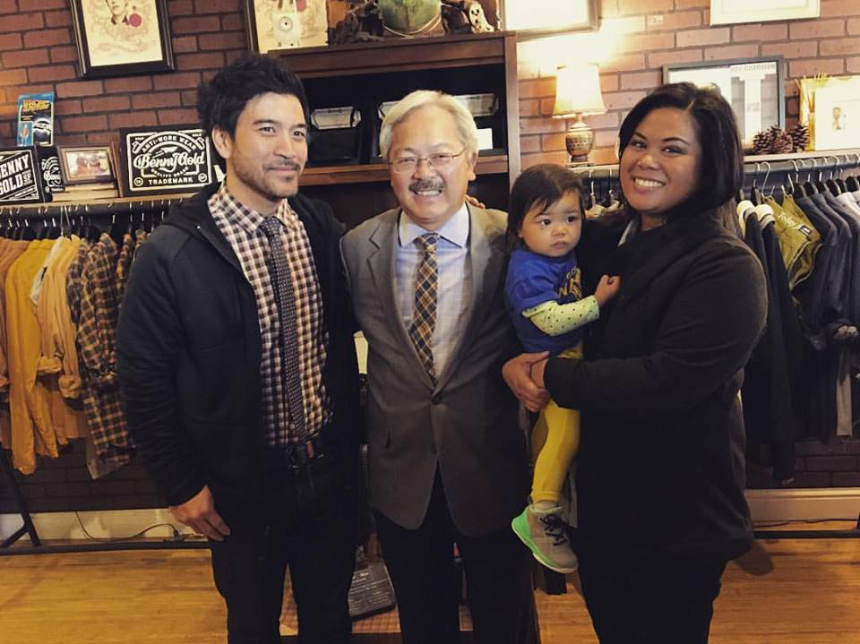 Mayor Ed Lee with Asmbly Hall's Ron, Tricia (and Harlow) Benitez